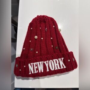 Red Knit Beanie with New York Embroidery